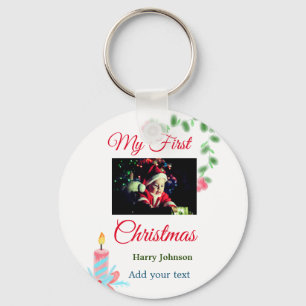 My first Christmas candle add baby photo name leav Keychain