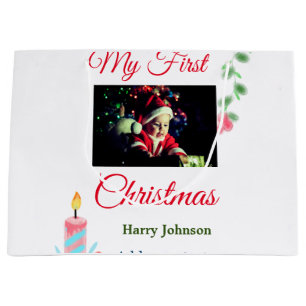 My first Christmas candle add baby photo name leav Large Gift Bag