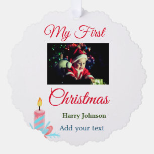 My first Christmas candle add baby photo name leav Ornament Card