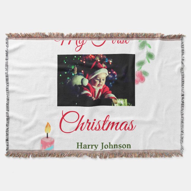 My first Christmas candle add baby photo name leav Throw Blanket (Front)