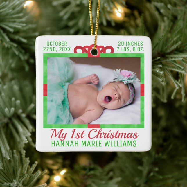 My First Christmas Custom Baby Photo Name Gift Box Ceramic Ornament (Tree)