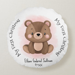 My First Christmas Custom Name Bear Christmas Round Pillow