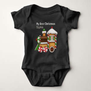 My first Christmas custom name cute train Baby Bodysuit