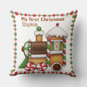 My first Christmas custom name cute train Throw Pillow