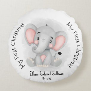 My First Christmas Custom Name Elephant Christmas Round Pillow