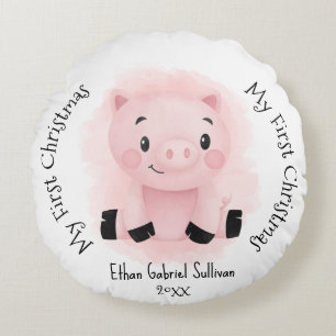 My First Christmas Custom Name Pig Christmas Round Pillow