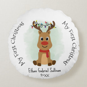 My First Christmas Custom Name Reindeer Christmas Round Pillow
