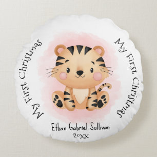 My First Christmas Custom Name Tiger Christmas Round Pillow