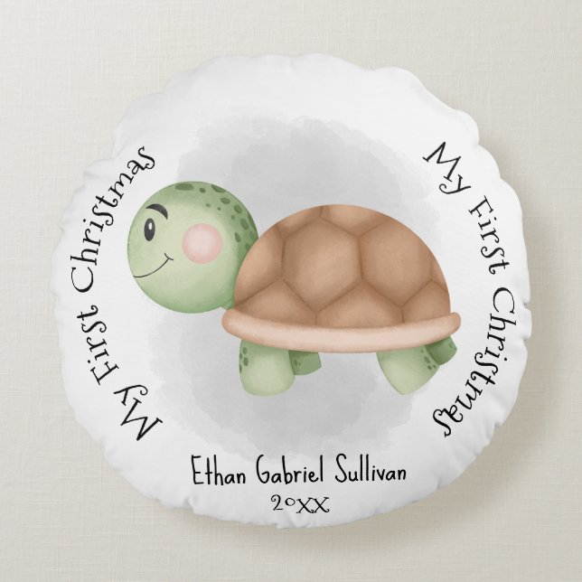 My First Christmas Custom Name Turtle Christmas Round Pillow (Front)