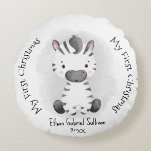 My First Christmas Custom Name Zebra Christmas Round Pillow