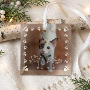 My First Christmas Custom Pet Cat Photo Paw Print Glass Ornament