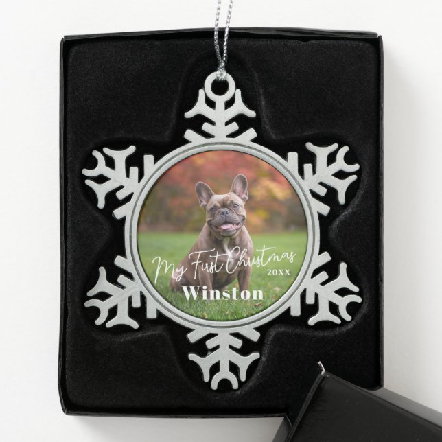 My First Christmas Custom Pet Name Photo Snowflake Pewter Christmas Ornament (Box)