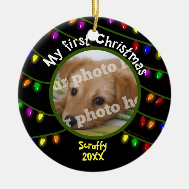 My First Christmas Custom Pet Photo Fun Lights Ceramic Ornament (Front)