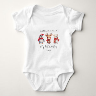 My First Christmas Cute Animals 1st Christmas Name Baby Bodysuit