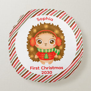 My First Christmas cute baby girl name Round Pillow