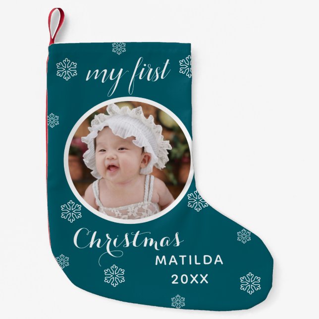My First Christmas Cute Custom Baby Photo & Name Small Christmas Stocking (Front)