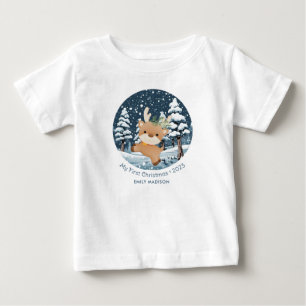 My First Christmas Cute Deer in Snow Baby T-Shirt