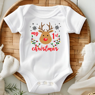 My First Christmas Cute Modern Reindeer Snowflakes Baby Bodysuit