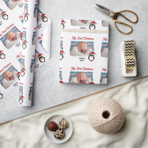 My First Christmas Cute Penguin Personalized Photo Wrapping Paper