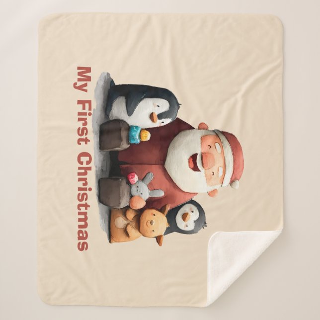 My First Christmas Cute Santa & Animals Sherpa Blanket (Front)