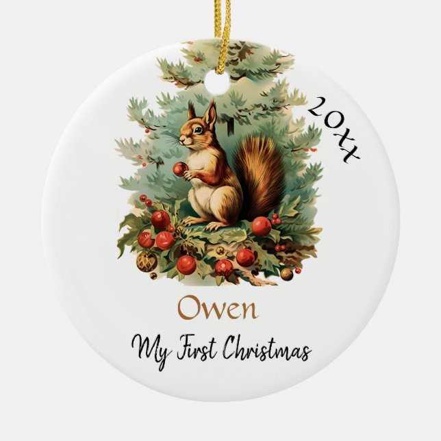 My First Christmas Cute Squirrel Baby Name Ceramic Ornament (Front)