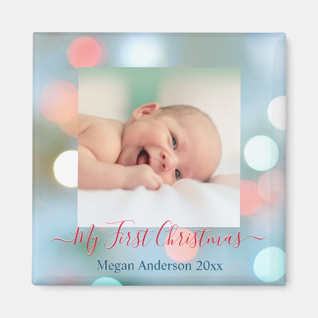 My First Christmas DIY Name Date Photo Red/Bl Text Magnet (Front)