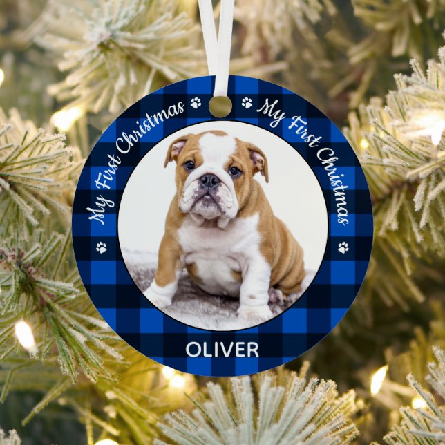 My First Christmas Dog Puppy Custom Pet Photo Metal Ornament (Insitu)