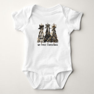 My First Christmas Elegant Black and Gold Tree Des Baby Bodysuit