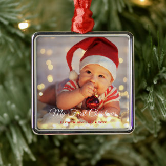 My First Christmas Elegant Personalized Baby Photo Metal Ornament