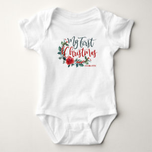 My First Christmas Floral Personalized Girl Baby Bodysuit