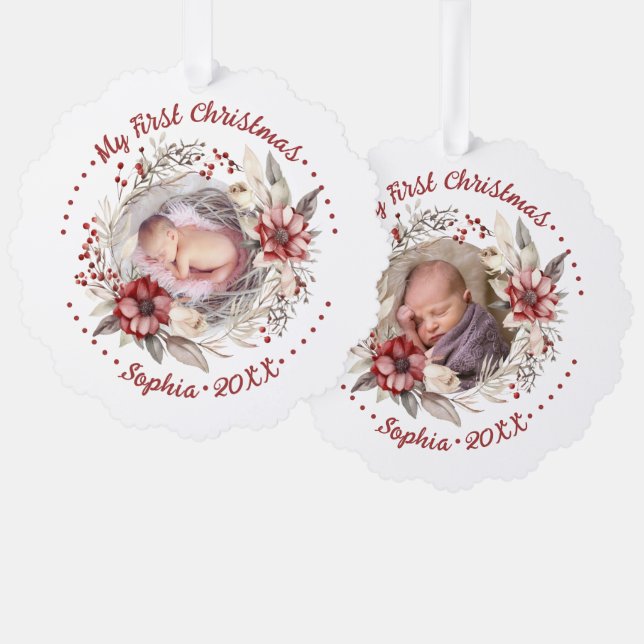 My First Christmas floral wreath photo baby Ornament Card (Front/Back)
