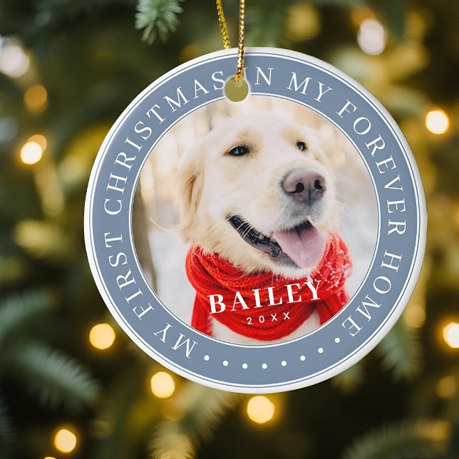 My First Christmas Forever Home Modern Pet Photo Ceramic Ornament (Creator Uploaded)