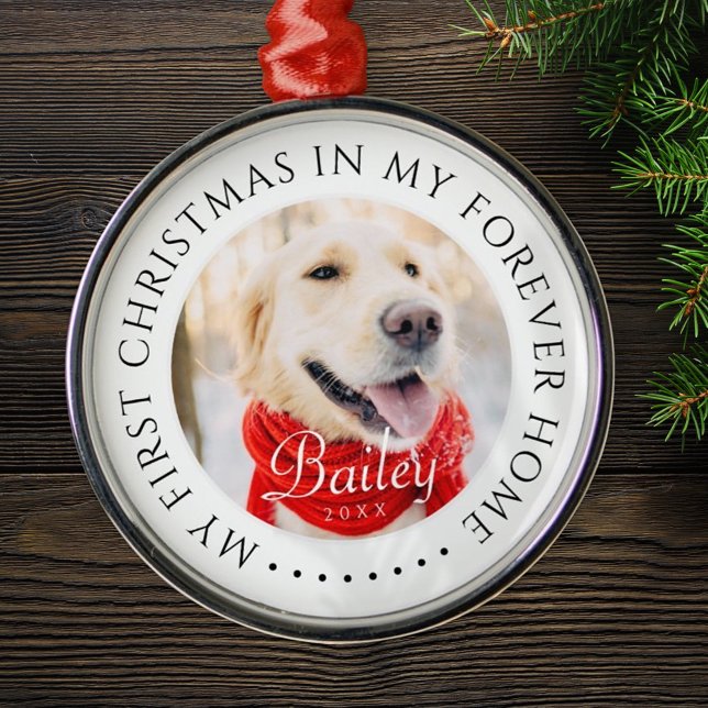 My First Christmas Forever Home Modern Pet Photo Metal Ornament (Creator Uploaded)