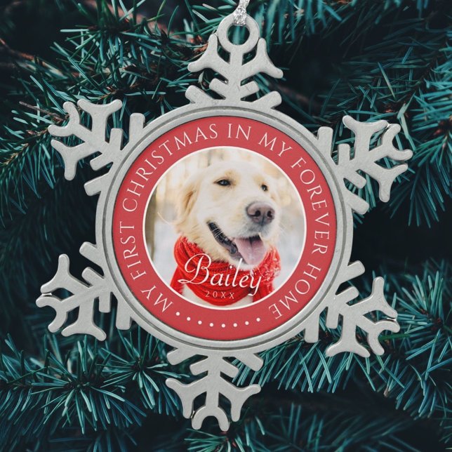 My First Christmas Forever Home Modern Pet Photo Snowflake Pewter Christmas Ornament (Creator Uploaded)