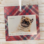 My First Christmas Forever Home Plaid Pet Photo Glass Ornament<br><div class="desc">This simple and classic design is composed of serif typography and add a custom pet photo. "My First Christmas in my forever home" adorns the design.</div>
