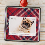 My First Christmas Forever Home Plaid Pet Photo Metal Ornament<br><div class="desc">This simple and classic design is composed of serif typography and add a custom pet photo. "My First Christmas in my forever home" adorns the design.</div>