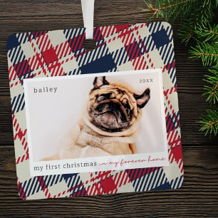 My First Christmas Forever Home Plaid Pet Photo Metal Ornament