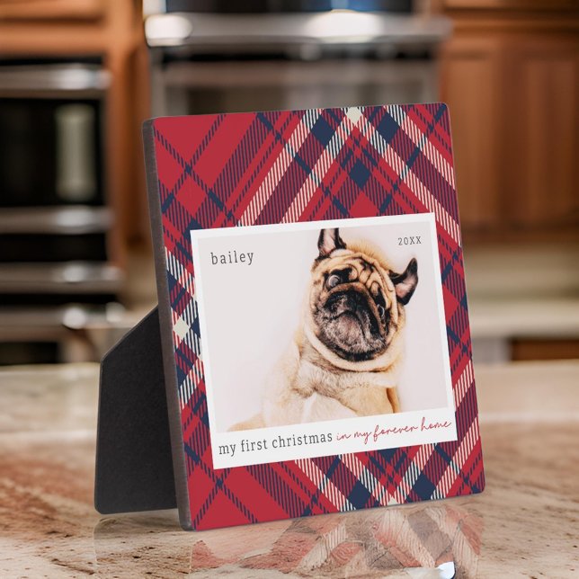 My First Christmas Forever Home Plaid Pet Photo Plaque (Creator Uploaded)