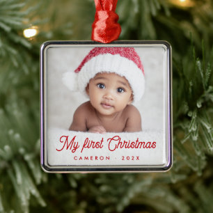 My first Christmas full baby photo name year Metal Ornament