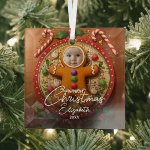My First Christmas Fun Cute Gingerbread Photo Glass Ornament