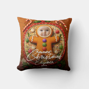 My First Christmas Fun Cute Gingerbread Photo Throw Pillow
