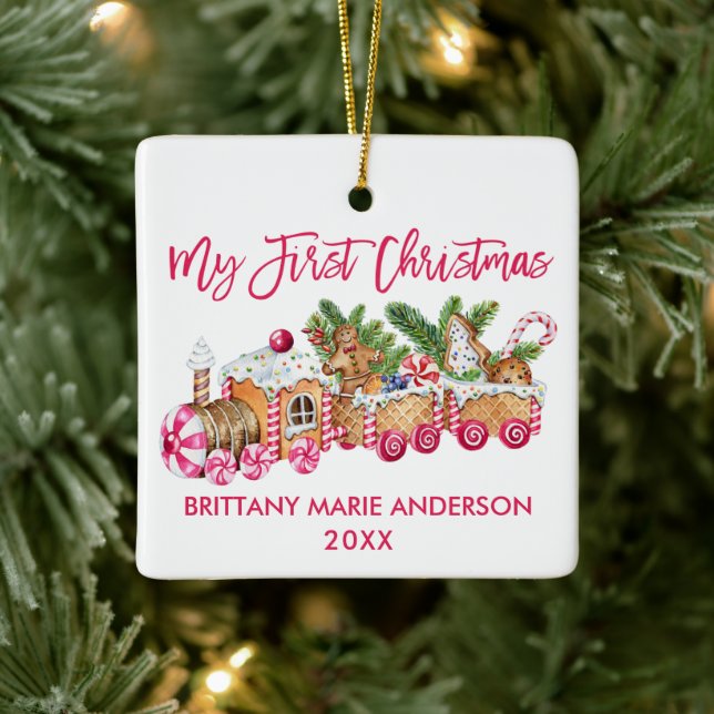 My First Christmas Gingerbread Train Baby Pink Ceramic Ornament (Tree)