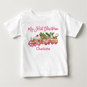 My First Christmas Gingerbread Train Pink Candy Baby T-Shirt