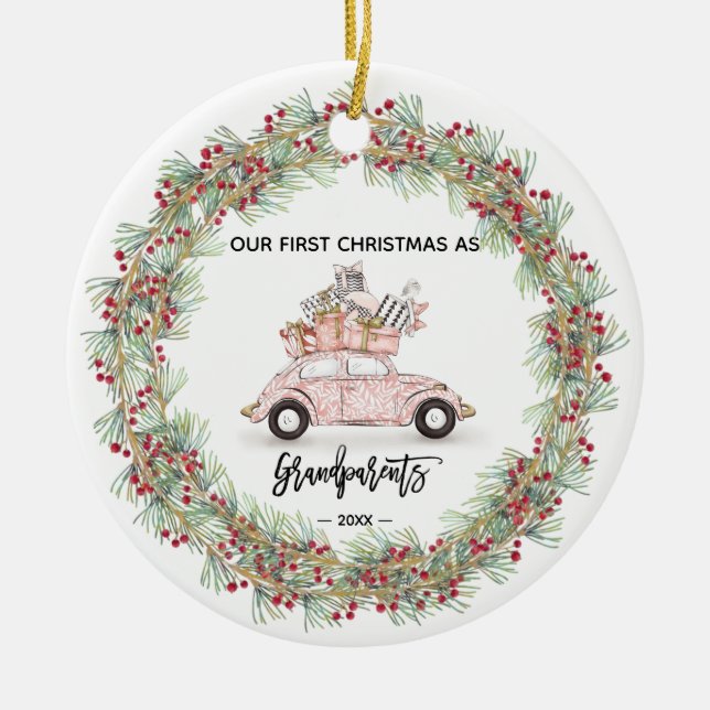 My First Christmas Grandparents Photo Greenery Ceramic Ornament (Front)