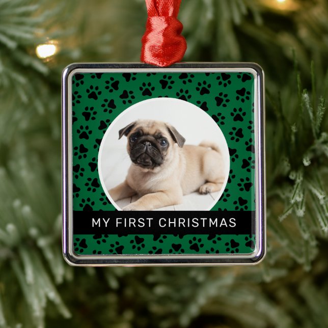 My First Christmas Green Custom Puppy Photo Metal Ornament (Tree)