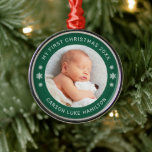 My First Christmas Green Personalized Baby Photo Metal Ornament<br><div class="desc">Personalize this modern and elegant 'My First Christmas' ornament with your baby boy's photo,  his full name,  and the year of her birth. Elegant evergreen and white round-shaped text and snowflake accents beautifully frames his photo. Photo tip: crop photo to a square format before uploading to the site.</div>