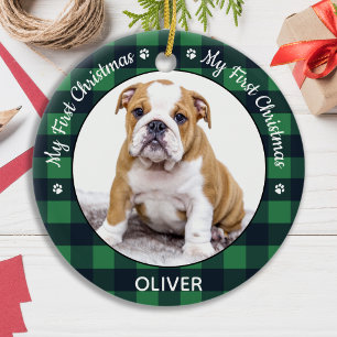 My First Christmas Green Plaid Dog Puppy Pet Photo Ceramic Ornament