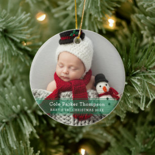 My First Christmas Green Stripe Custom Baby Photo Ceramic Ornament