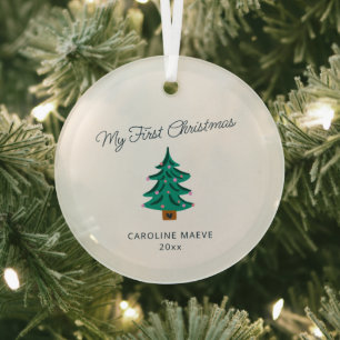 My First Christmas Hand Drawn Tree Baby Name Year Glass Ornament