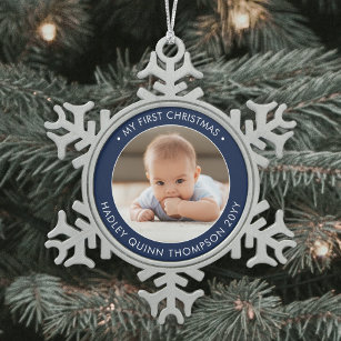 My First Christmas Modern Baby Photo Navy & White Snowflake Pewter Christmas Ornament